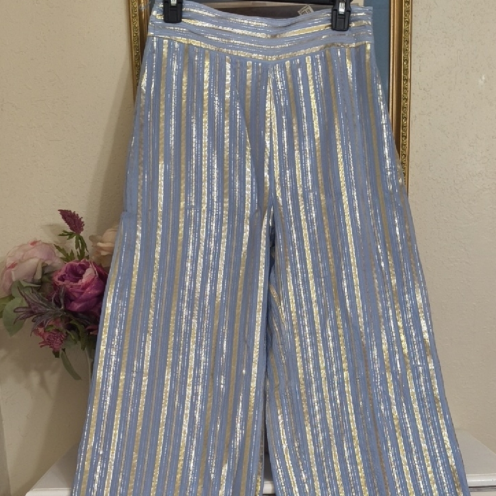 Elegant Blue and Gold Striped Women's Wide Leg Pants